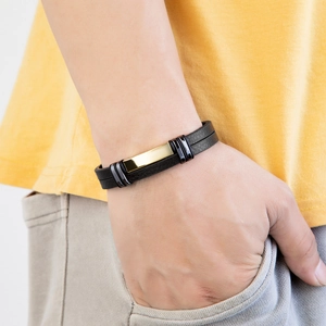 Men's double-layer leather bracelet with gold metal plate and stainless steel buckle