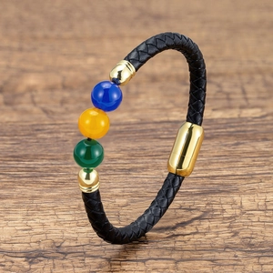 Braided leather bracelet with colorful agate beads and gold stainless steel clasp