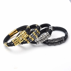 Three-piece men's braided leather bracelets with gold, silver, and black metal clasps