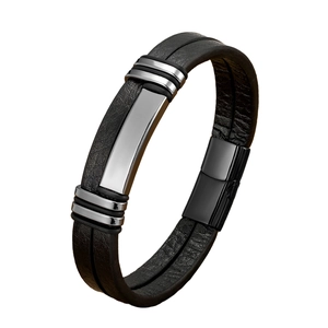 Men's double-layered black leather bracelet with polished silver metal plate and magnetic clasp