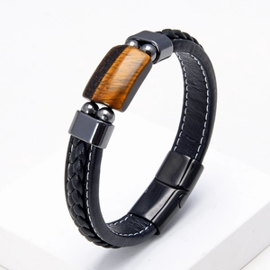 Bracciale da uomo in pelle intrecciata con pietra occhio di tigre naturale e chiusura