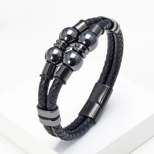 Men Braided Leather Bracelet With Stainless Steel Magnetic Clasp Industrial Style Jewelry Black Woven Hand Strap Gift