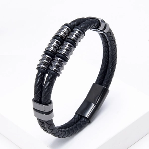 Pulsera de cuero trenzado de doble capa para hombre con anillos de metal y cierre magnético