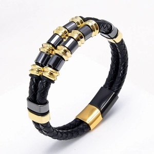 Men's double-layered black braided leather bracelet with gold and black steel accents