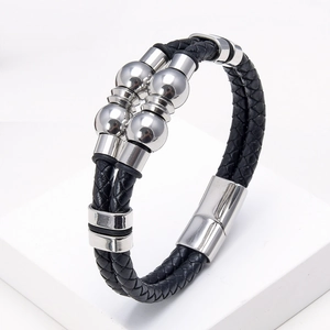 Men's double-layered woven black leather bracelet with silver metal beads and magnetic clasp