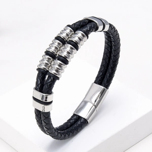 Pulsera para hombre de cuero trenzado negro de doble capa con cierre magnético de acero