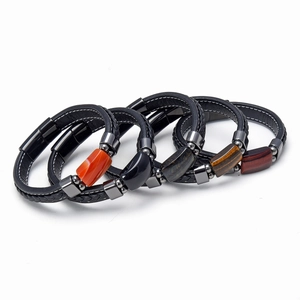 Braccialetti da uomo in pelle nera intrecciata con pietre naturali di occhio di tigre e agata
