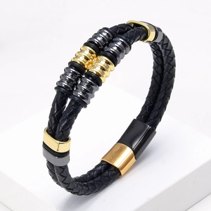 Pulsera de Cuero Trenzado Vintage para Hombre Con Cierre Magnético de Acero Inoxidable Pulsera de Cordón de Doble Capa para Hombre Mujer