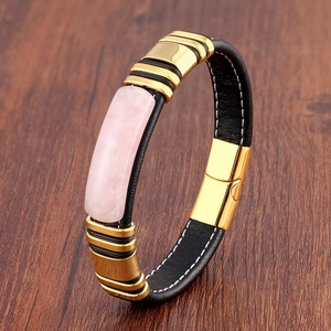 Bracelet vintage en cuir pour homme avec pierre naturelle rose et fermoir doré