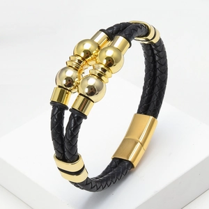Men's double-layered braided black leather bracelet with gold polished metal beads