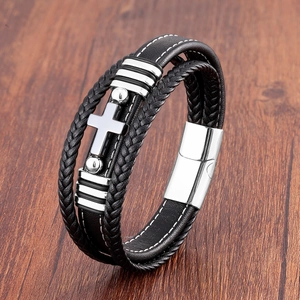 Bracelet Homme Vintage en Cuir Tressé Multi-rangs Avec Fermoir Magnétique en Acier Inoxydable Pendentif Croix en Pierre