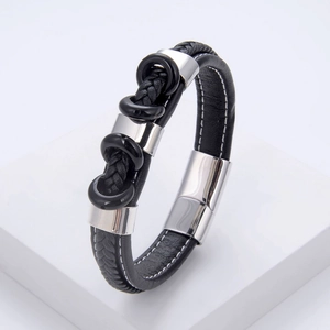 Bracelet Vintage En Cuir Tressé Pour Homme Avec Fermoir Magnétique En Acier Inoxydable Et Anneaux En Oeil De Tigre Bijoux Punk