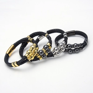 Set of four men's double-layer braided leather bracelets with multi-color metal buckles