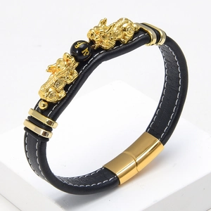 Men's Vintage Braided Leather Bracelet With Stainless Steel Magnetic Clasp PiXiu Charm Lucky Mantra Stone Bead Jewelry