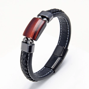 Bracciale da uomo in pelle nera intrecciata con pietra occhio di tigre e chiusura magnetica