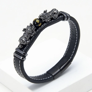 Mens woven leather bracelet with PiXiu charm and magnetic clasp in retro black finish