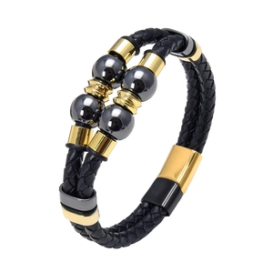 Men's double-layered woven black leather bracelet with magnetic gold clasp and metal beads