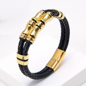 Heren Dubbele Streng Gevlochten Leren Armband Met Roestvrijstalen Magneetsluiting Geometrische Metalen Kralen Mode Sieraden Cadeau
