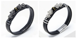 Men's braided leather bracelet with stainless steel Pixiu charms and mantra beads