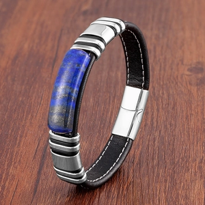 Bracelet vintage pour hommes en cuir avec pierre de lapis-lazuli et fermoir magnétique
