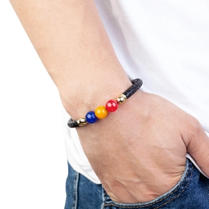 Braided black leather bracelet with colorful beads and metal accents for men and women