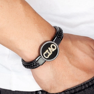 Men's black woven leather bracelet with CIAO letter diamond charm in stainless steel
