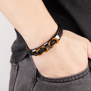 Bracelet multicouche en cuir tressé noir pour homme avec pierres d'oeil de tigre et aimant