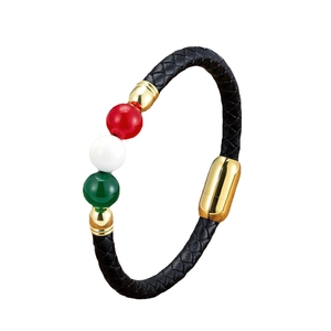 Braided black leather bracelet with Italian flag beads and gold metal accents