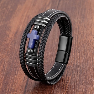 Bracelet multicouche en cuir tressé noir pour homme avec croix en pierre bleue et fermoir