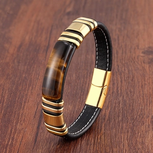 Men's braided black leather bracelet with tiger eye stone and gold stainless steel clasp