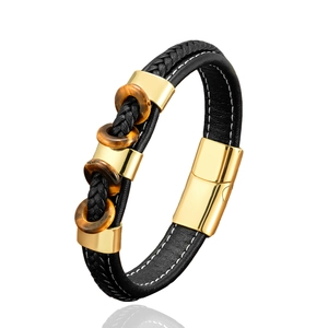 Bracelet pour homme en cuir tressé avec pierres œil de tigre et fermoir magnétique doré