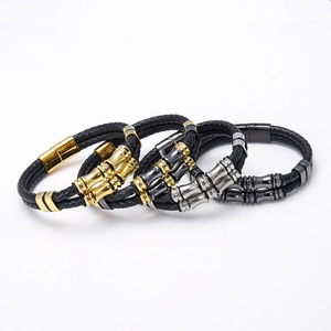 Herenarmbandenset van gevlochten leer met vier stijlen metallic bamboe-vormige accenten