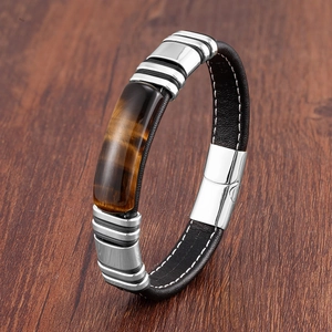 Men's braided black leather bracelet with tiger eye stone and stainless steel clasp