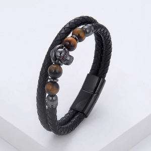 Men's Braided Leather Bracelet With Stainless Steel Magnetic Clasp Punk Skull Natural Stone Bead Double Layer Jewelry Gift