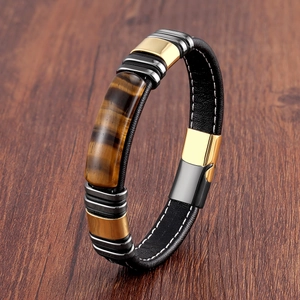 Men Vintage Leather Bracelet With Stainless Steel Clasp Natural Tiger Eye Stone Braided Leather Bangle Retro Fashion Jewelry