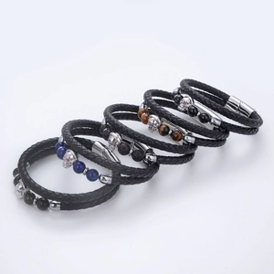 Men's double-layered braided leather skull bracelet with natural stone and magnetic clasp