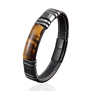 Men's braided leather bracelet with tiger eye stone and black stainless steel clasp