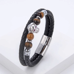 Men's double-layer braided leather bracelet with silver skull charm and tiger eye stones