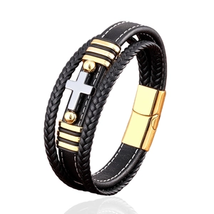 Bracelet multicouche en cuir pour homme avec croix argentée et fermoir magnétique