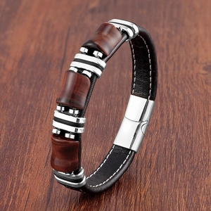 Bracelet pour homme en cuir tressé avec détails en acier et pierres œil de tigre sur bois