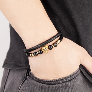 Men's double-layer skull bracelet with tiger eye beads and black woven leather