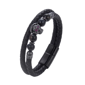 Mens double-layer black braided leather bracelet with skull charm and onyx beads
