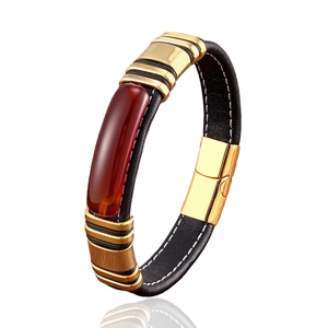 Bracelet vintage en cuir noir pour homme avec pierre rouge et fermoir magnétique en acier doré