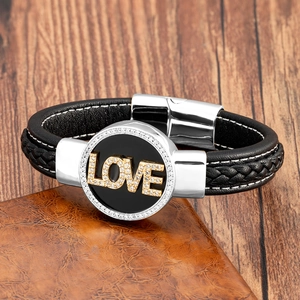 Retro Handmade Braided Leather Bracelet With Stainless Steel Clasp Rhinestone Letter Pendant Fashion Wristband Unisex Jewelry