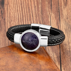 Bracelet en Cuir Tressé Vintage Avec Fermoir Magnétique en Acier Inoxydable Zircone Incrustée Pierre Naturelle Charme Circulaire pour Hommes