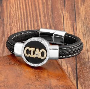 Mens woven leather bracelet with Ciao letter stone charm and magnetic steel clasp