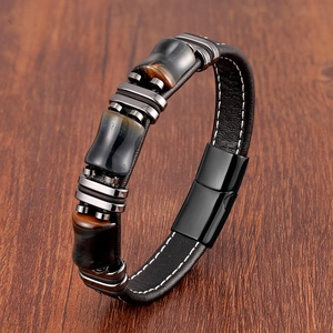 Bracelet pour homme en cuir et perles œil de tigre avec fermoir magnétique noir