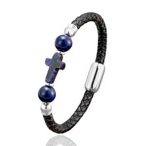 Bracelet tressé en cuir noir pour homme avec croix en pierre bleue et fermoir magnétique