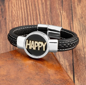 Handmade woven black leather bracelet with Happy gold zircon charm and magnetic clasp