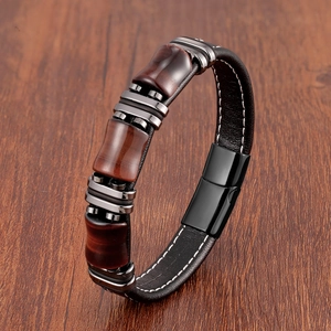 Bracelet vintage pour hommes en cuir noir avec pierres oeil de tigre et fermoir aimanté